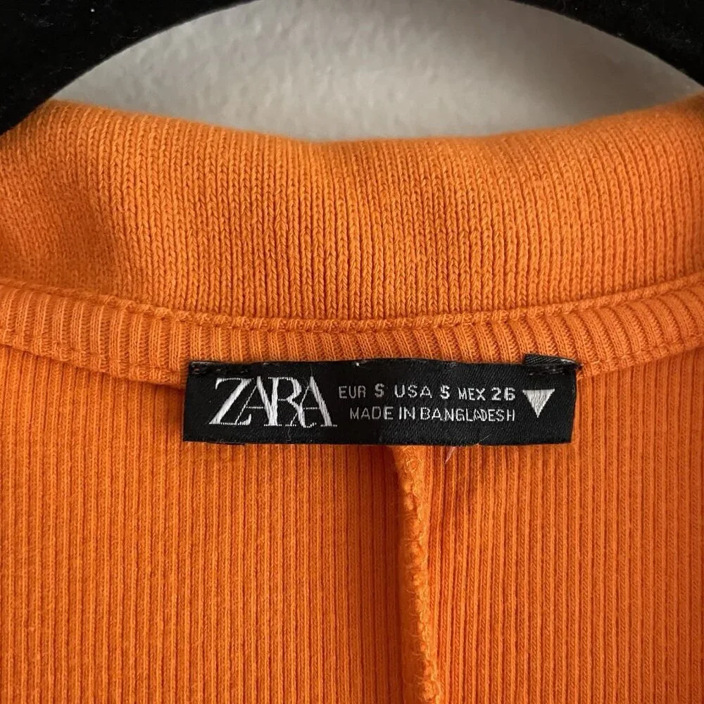 Zara Women S Orange Ribbed Sporty Sleeveless V-Neck Lapel Collar Skater Dress - Picture 7 of 9